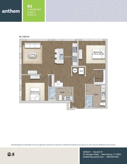 Floor plan for 2 beds, 2 baths, 1064 sqft